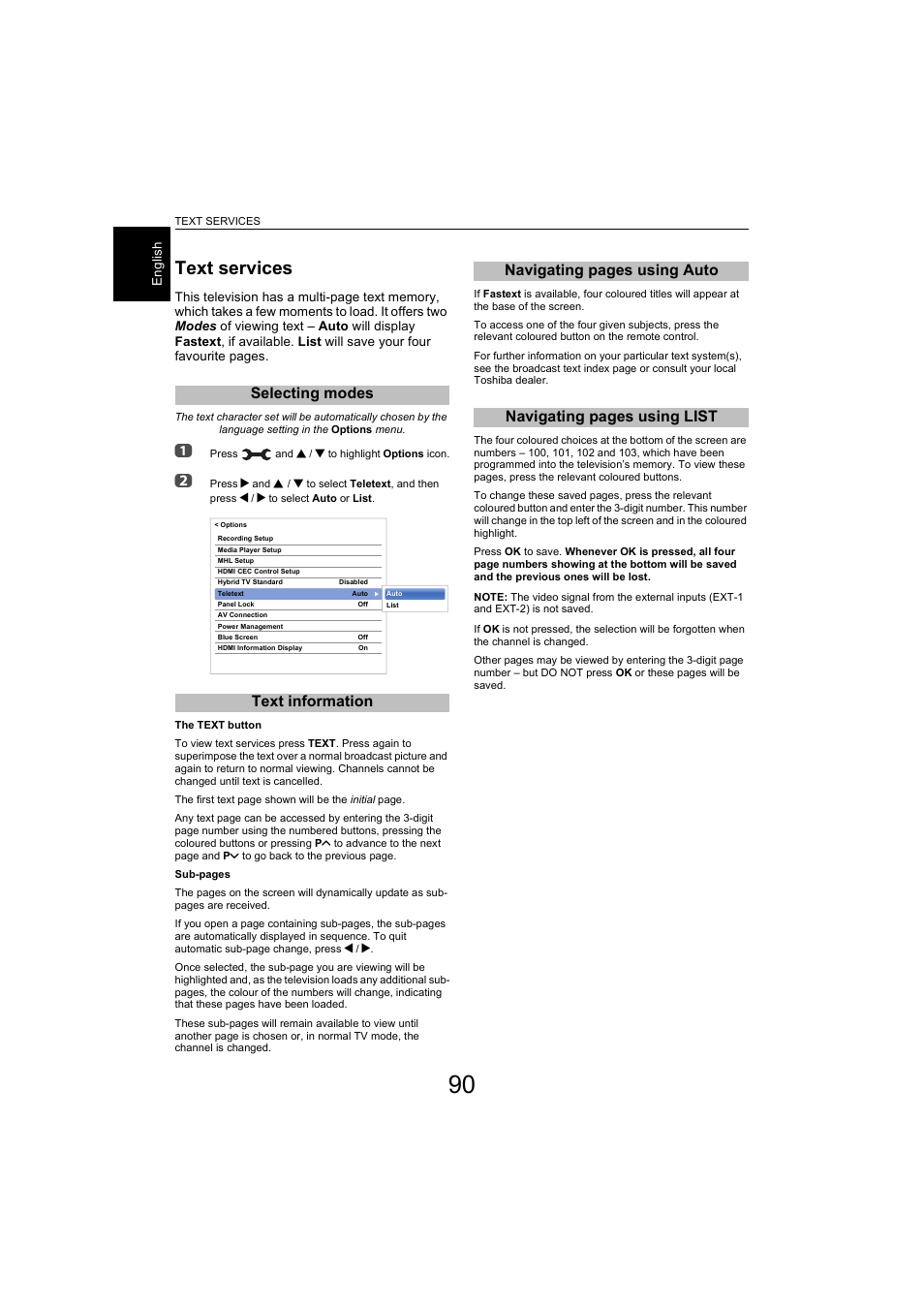 Text services, Selecting modes, Text information | Selecting modes text information | Toshiba L9363 User Manual | Page 90 / 106