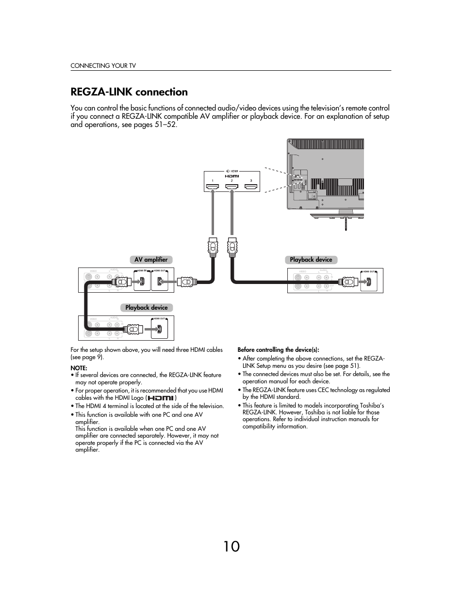 Regza-link connection, Connecting your tv, Av amplifier playback device playback device | Toshiba SV685 User Manual | Page 10 / 62