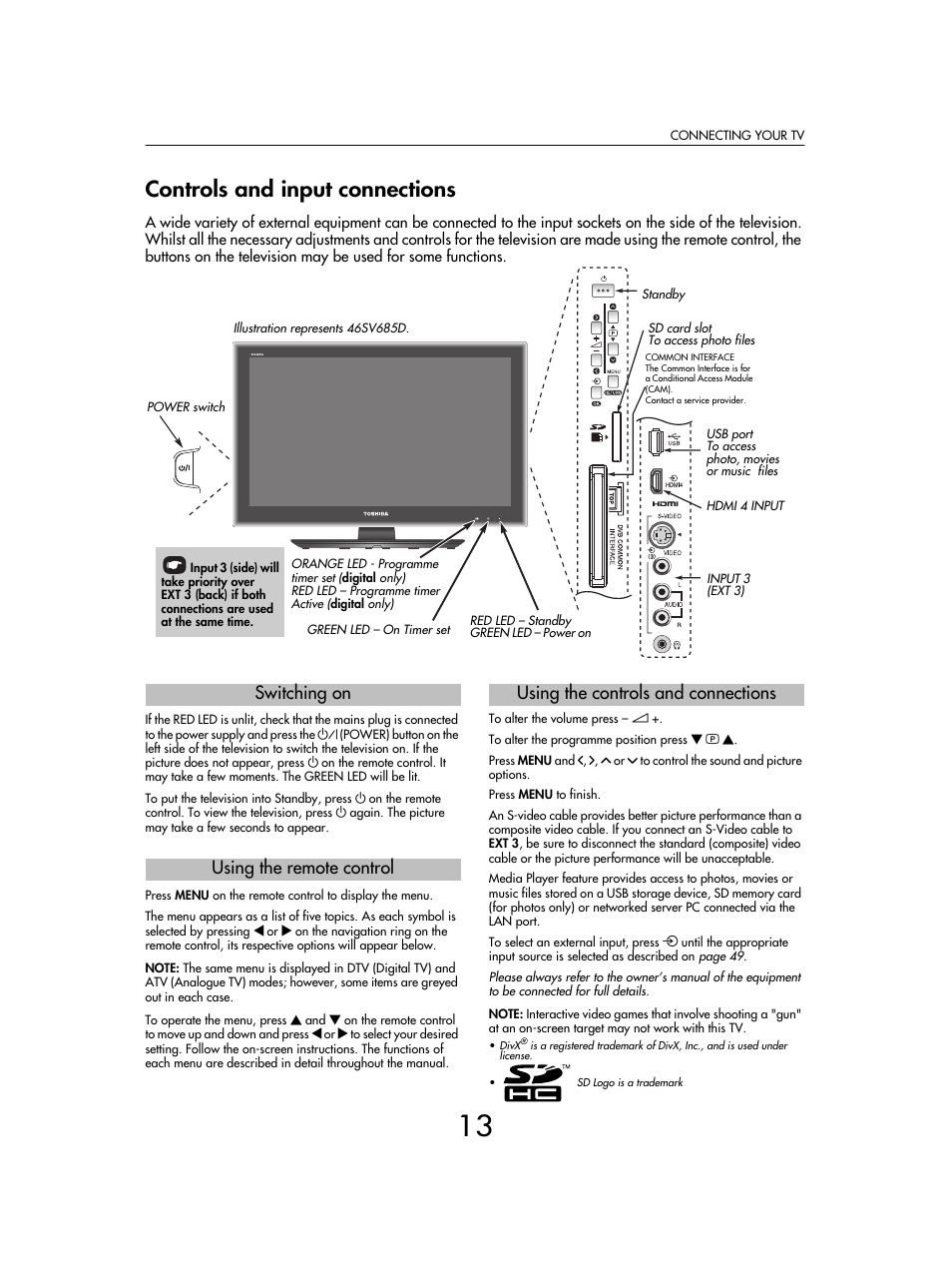 Controls and input connections | Toshiba SV685 User Manual | Page 13 / 62