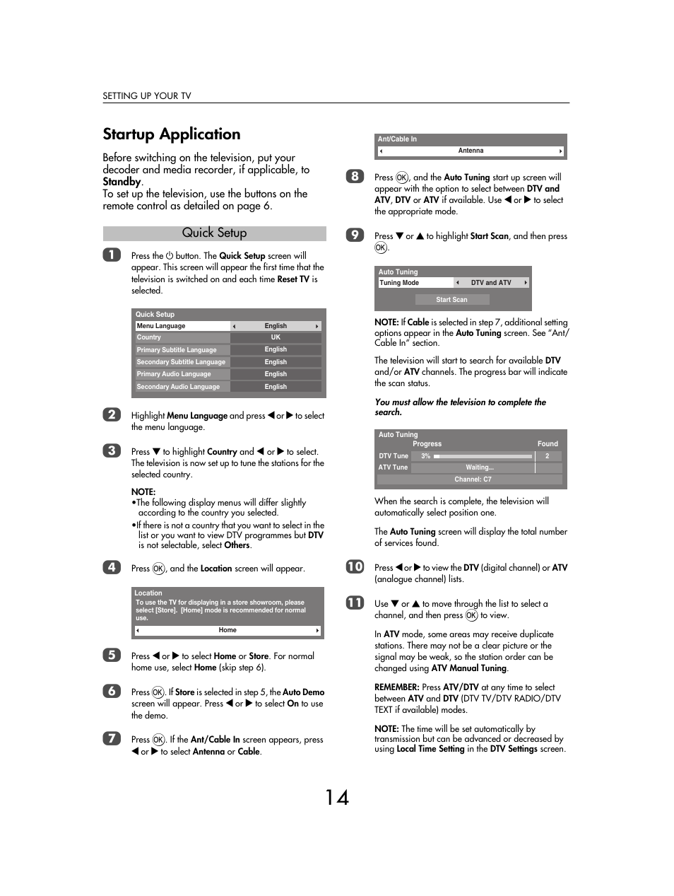 Startup application, Quick setup | Toshiba SV685 User Manual | Page 14 / 62