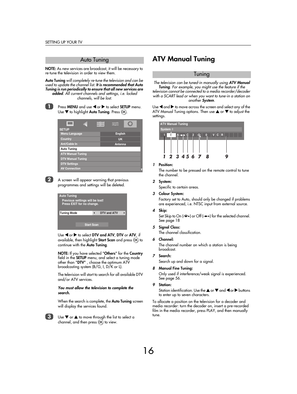 Atv manual tuning, Auto tuning, Tuning | Toshiba SV685 User Manual | Page 16 / 62