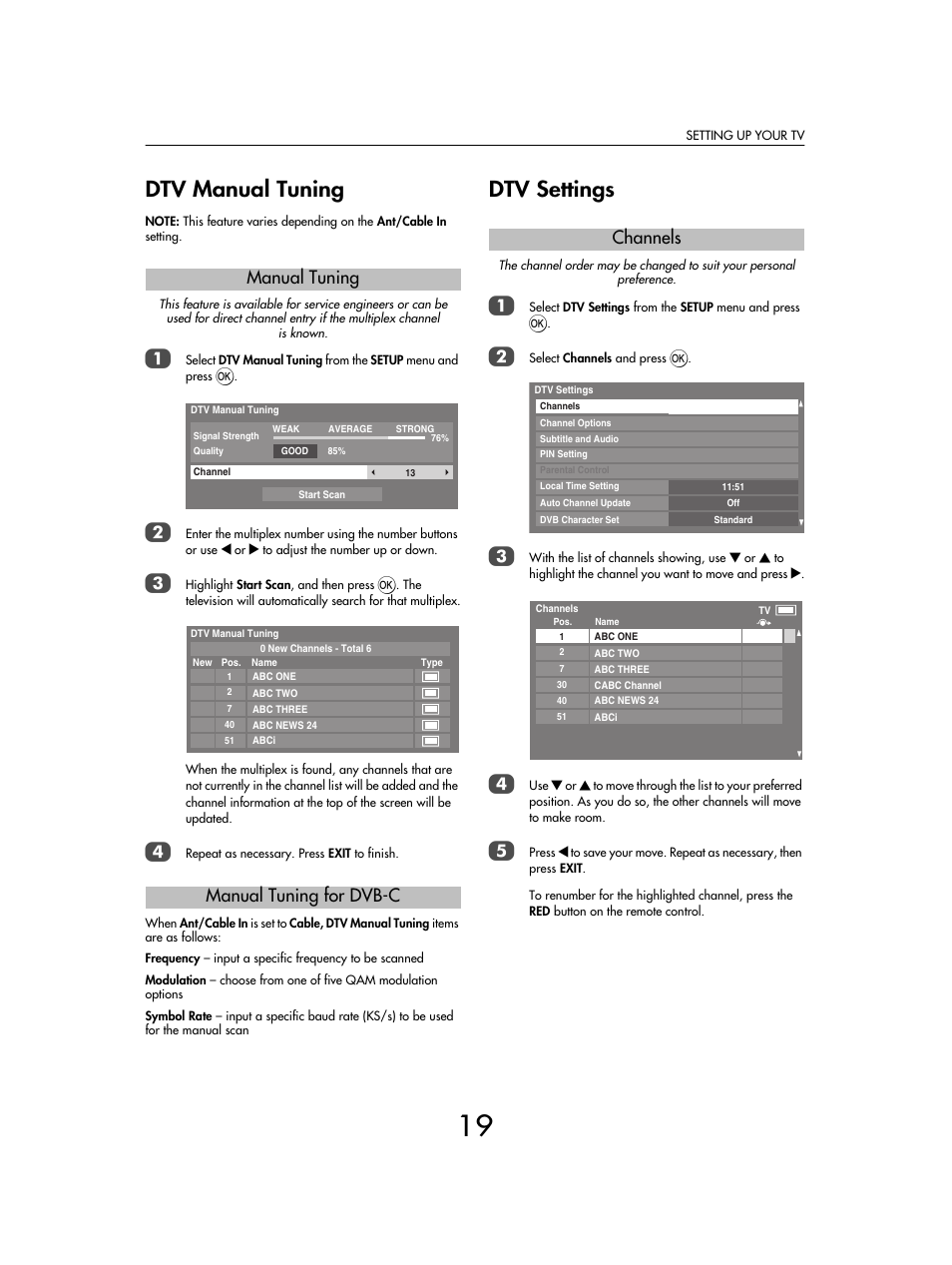 Dtv manual tuning, Dtv settings, Manual tuning manual tuning for dvb-c | Channels | Toshiba SV685 User Manual | Page 19 / 62