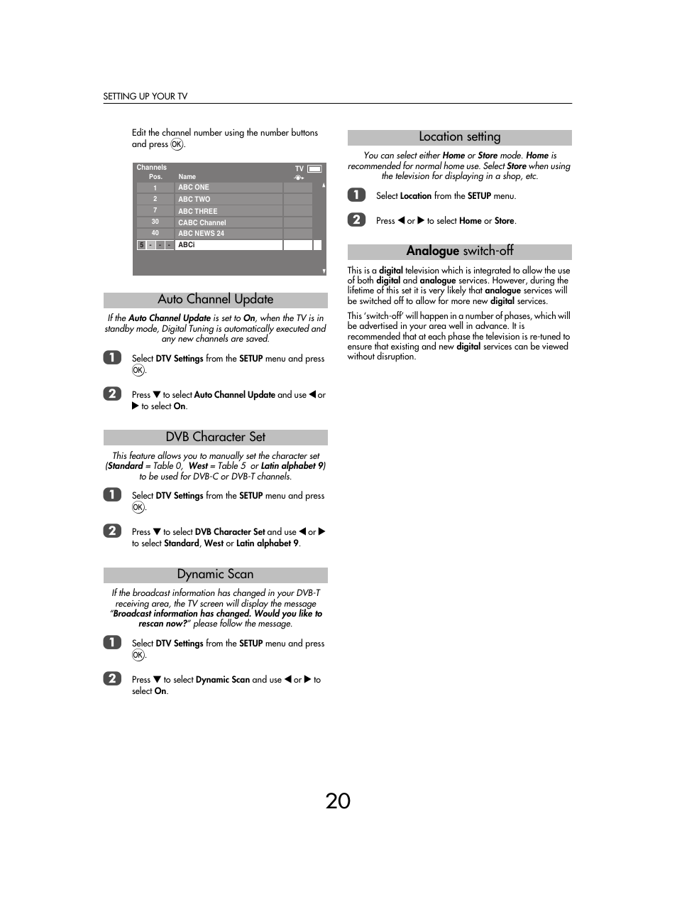 Auto channel update dvb character set dynamic scan, Location setting analogue switch-off | Toshiba SV685 User Manual | Page 20 / 62