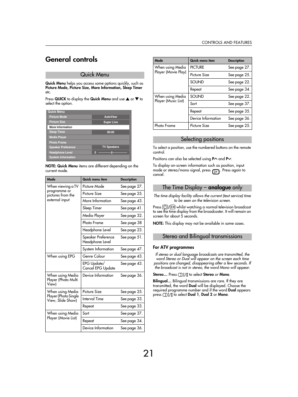 General controls, Quick menu | Toshiba SV685 User Manual | Page 21 / 62