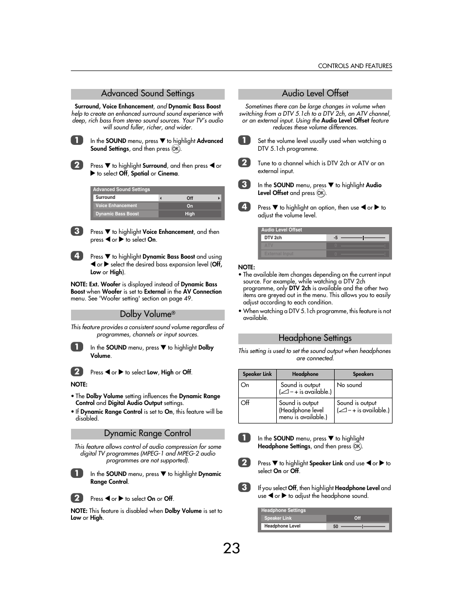 Advanced sound settings dolby volume, Dynamic range control, Audio level offset headphone settings | Toshiba SV685 User Manual | Page 23 / 62