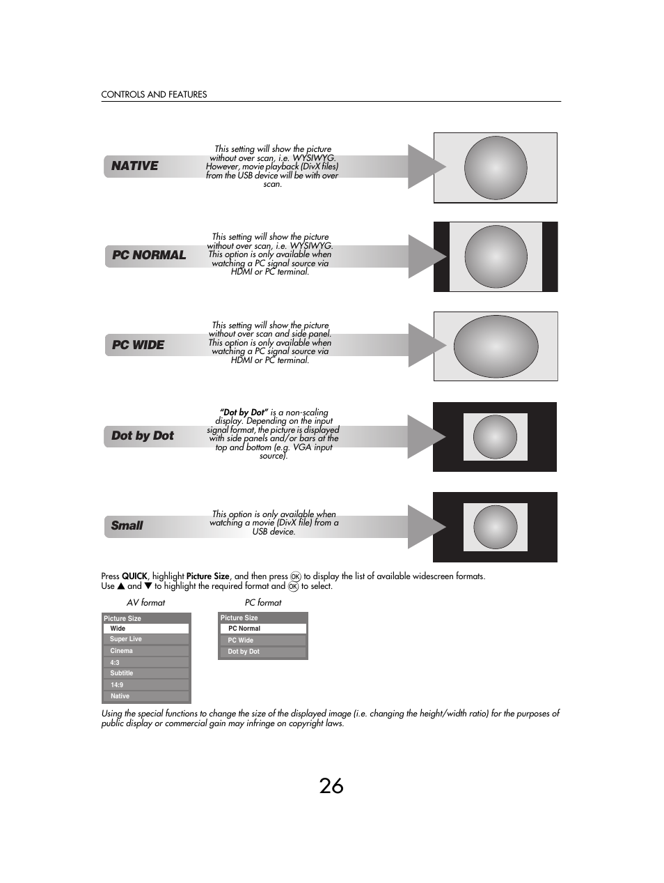 Dot by dot pc normal, Pc wide, Native | Small | Toshiba SV685 User Manual | Page 26 / 62