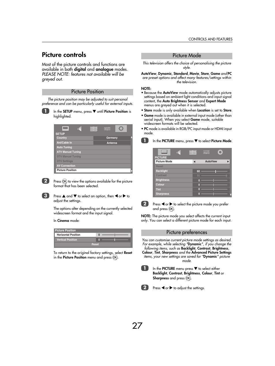 Picture controls, Picture position, Picture mode picture preferences | Toshiba SV685 User Manual | Page 27 / 62