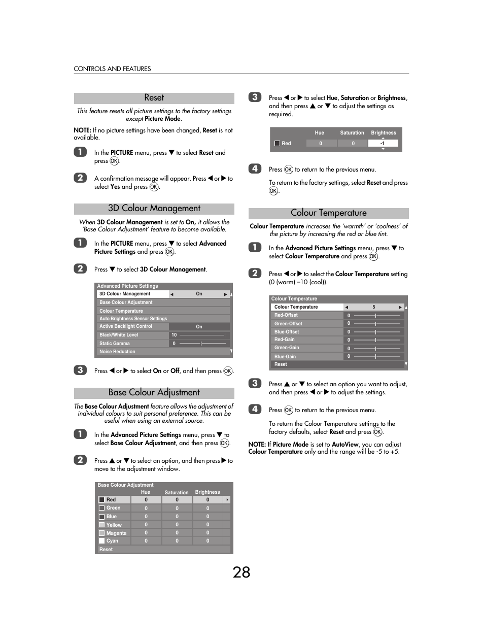 Reset 3d colour management base colour adjustment, Colour temperature | Toshiba SV685 User Manual | Page 28 / 62