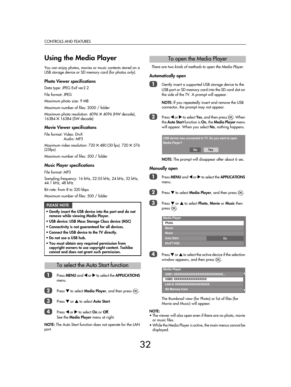 Using the media player | Toshiba SV685 User Manual | Page 32 / 62