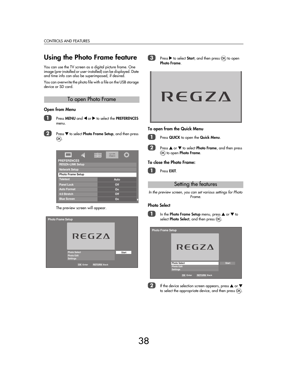 Using the photo frame feature, Setting the features | Toshiba SV685 User Manual | Page 38 / 62