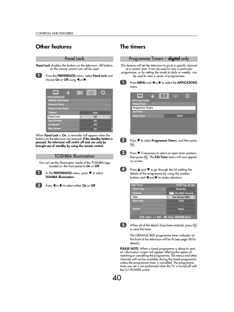 Other features, The timers, Panel lock toshiba illumination | Programme timers – digital only | Toshiba SV685 User Manual | Page 40 / 62