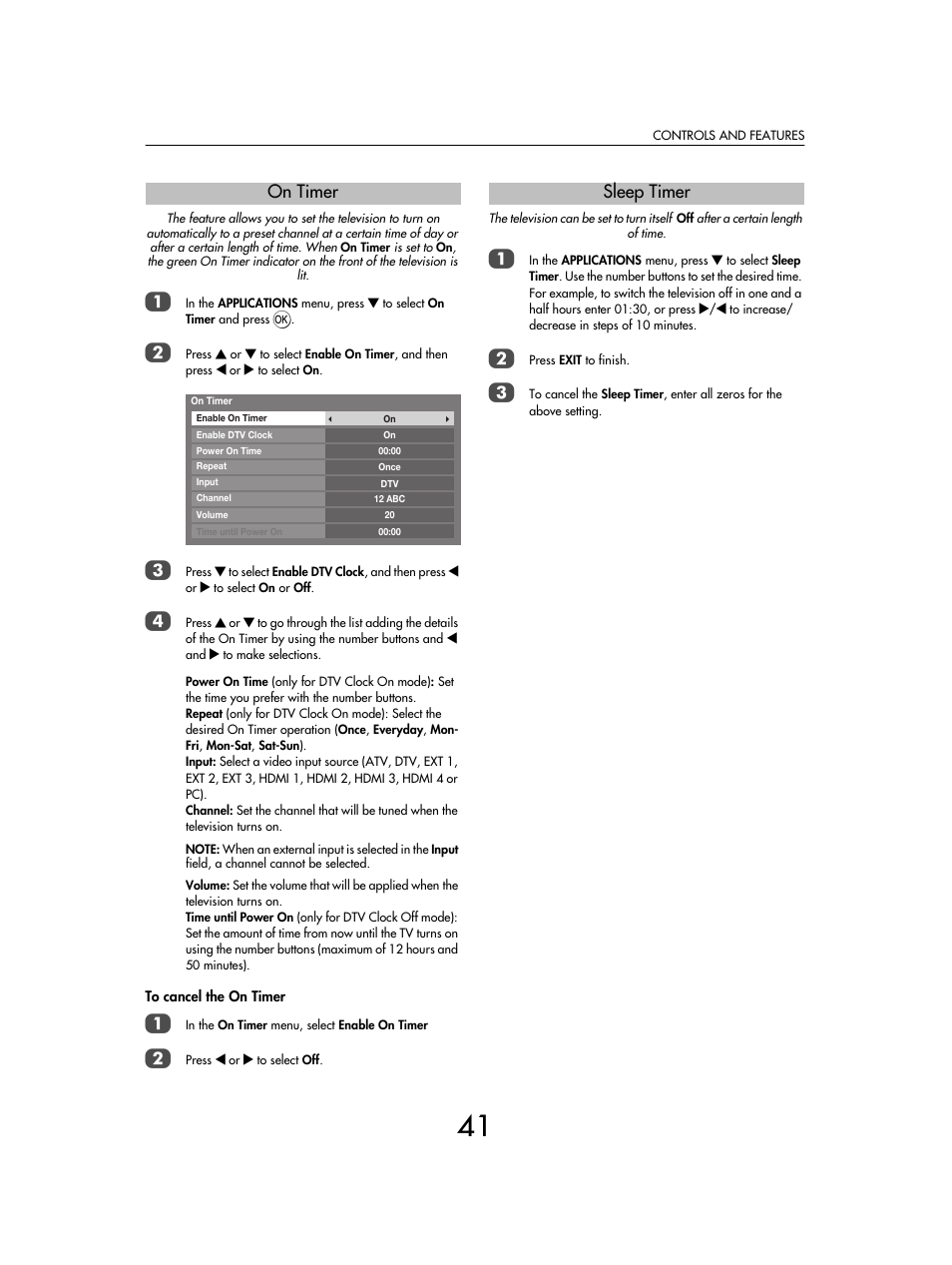 On timer, Sleep timer | Toshiba SV685 User Manual | Page 41 / 62