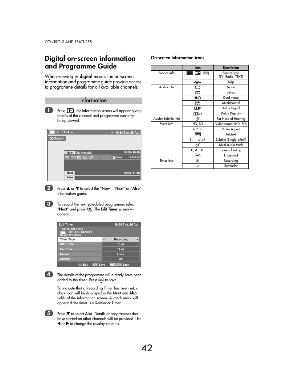 Digital on-screen information and programme guide, Information | Toshiba SV685 User Manual | Page 42 / 62