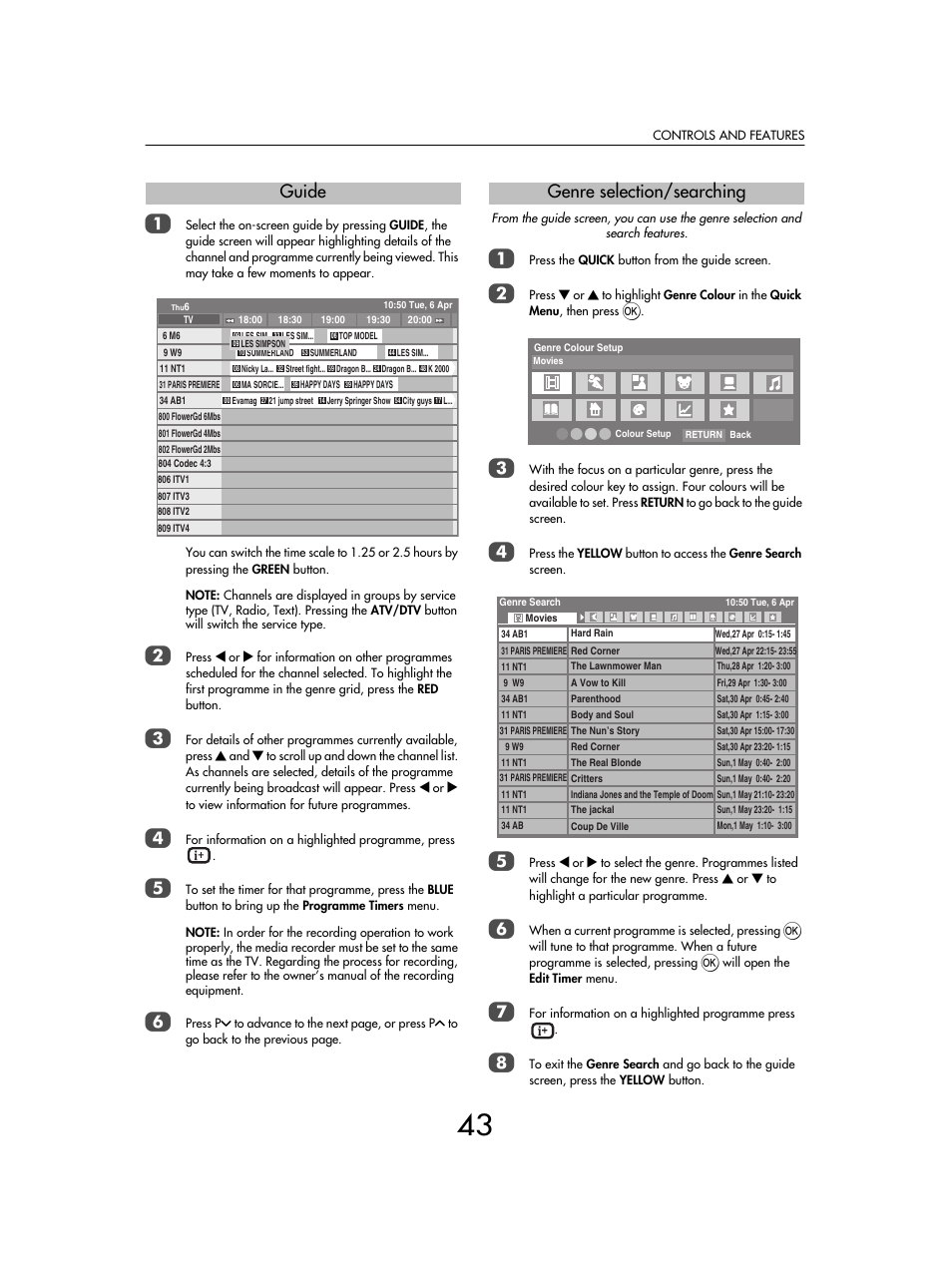 Guide, Genre selection/searching | Toshiba SV685 User Manual | Page 43 / 62