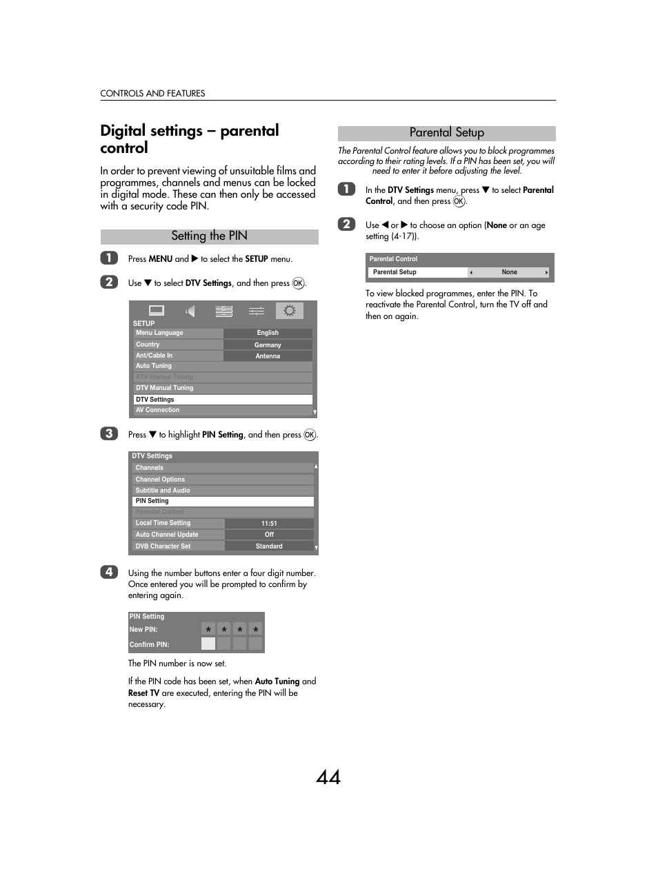 Digital settings – parental control, Setting the pin, Parental setup | Toshiba SV685 User Manual | Page 44 / 62