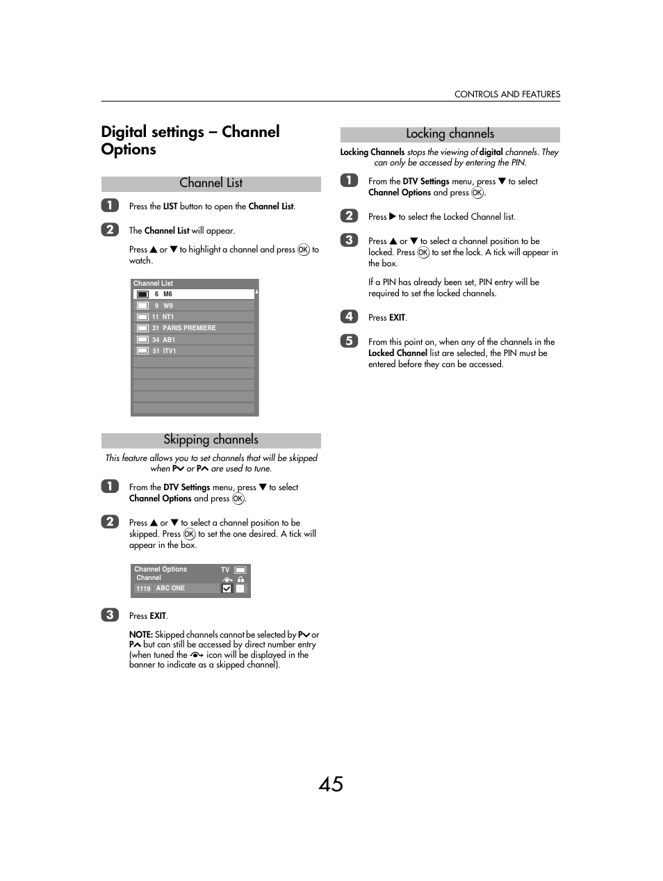 Digital settings – channel options, Channel list skipping channels, Locking channels | Toshiba SV685 User Manual | Page 45 / 62