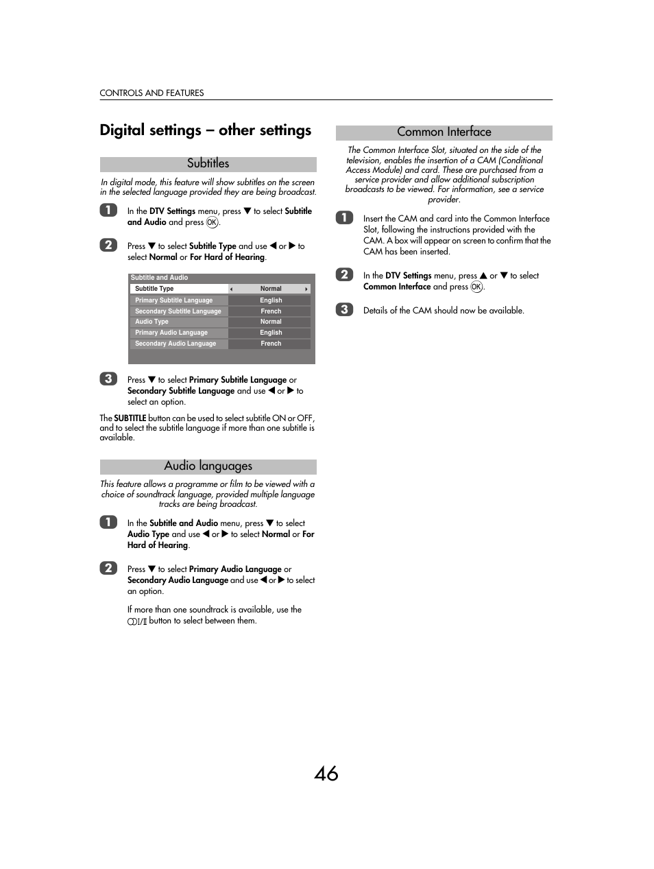 Digital settings – other settings, Subtitles audio languages, Common interface | Toshiba SV685 User Manual | Page 46 / 62