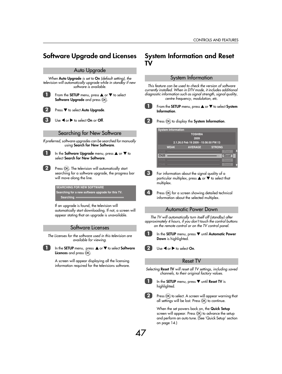 Software upgrade and licenses, System information and reset tv, System information automatic power down reset tv | Toshiba SV685 User Manual | Page 47 / 62