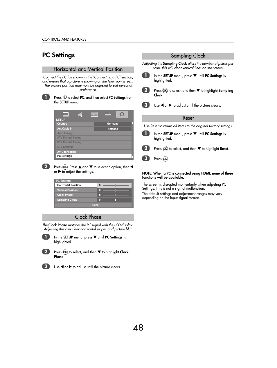 Pc settings, Horizontal and vertical position clock phase, Sampling clock reset | Toshiba SV685 User Manual | Page 48 / 62