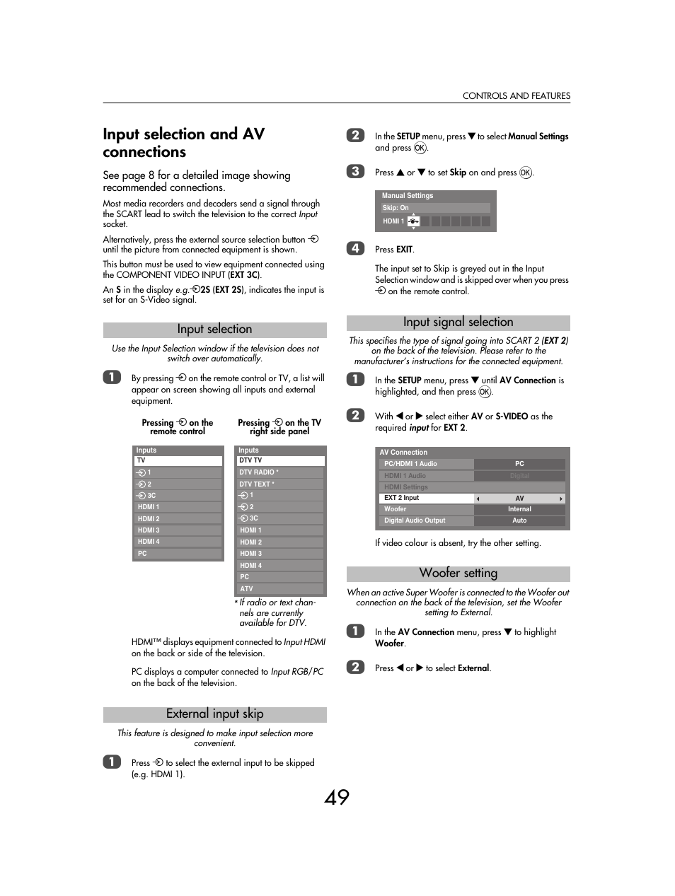 Input selection and av connections, Input selection external input skip, Input signal selection woofer setting | Toshiba SV685 User Manual | Page 49 / 62