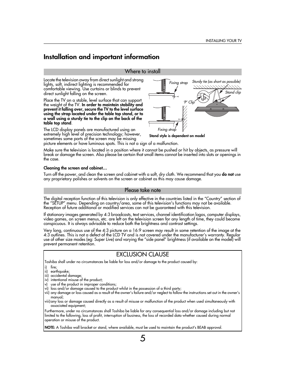 Installation and important information, Exclusion clause | Toshiba SV685 User Manual | Page 5 / 62