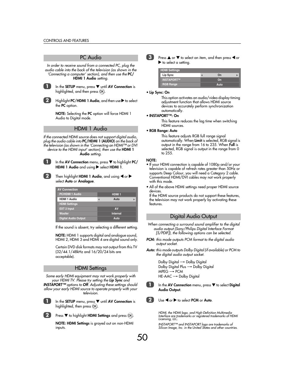 Pc audio hdmi 1 audio hdmi settings, Digital audio output | Toshiba SV685 User Manual | Page 50 / 62