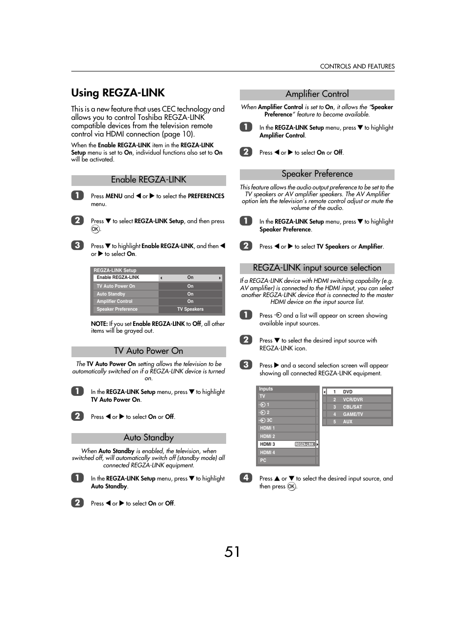 Using regza-link, Enable regza-link tv auto power on auto standby | Toshiba SV685 User Manual | Page 51 / 62