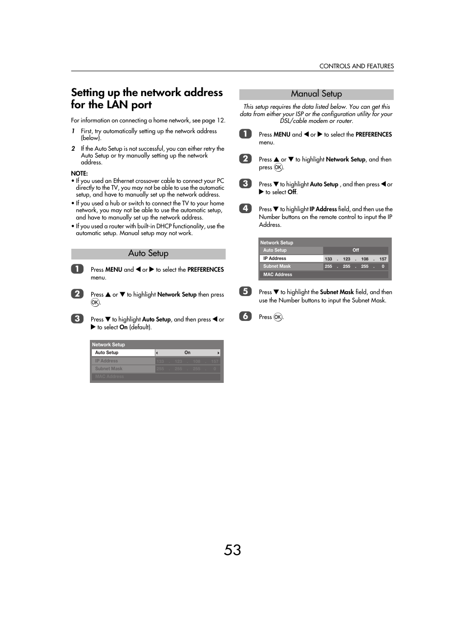 Setting up the network address for the lan port, Auto setup, Manual setup | Toshiba SV685 User Manual | Page 53 / 62