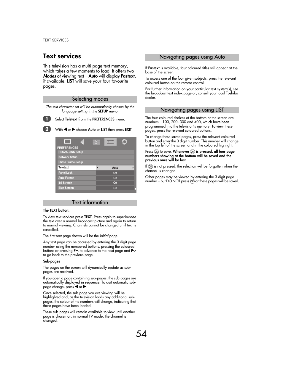 Text services, Selecting modes text information | Toshiba SV685 User Manual | Page 54 / 62