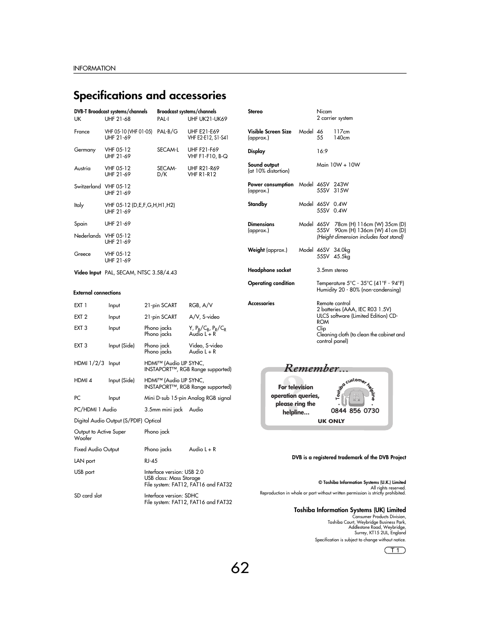 Specifications and accessories | Toshiba SV685 User Manual | Page 62 / 62