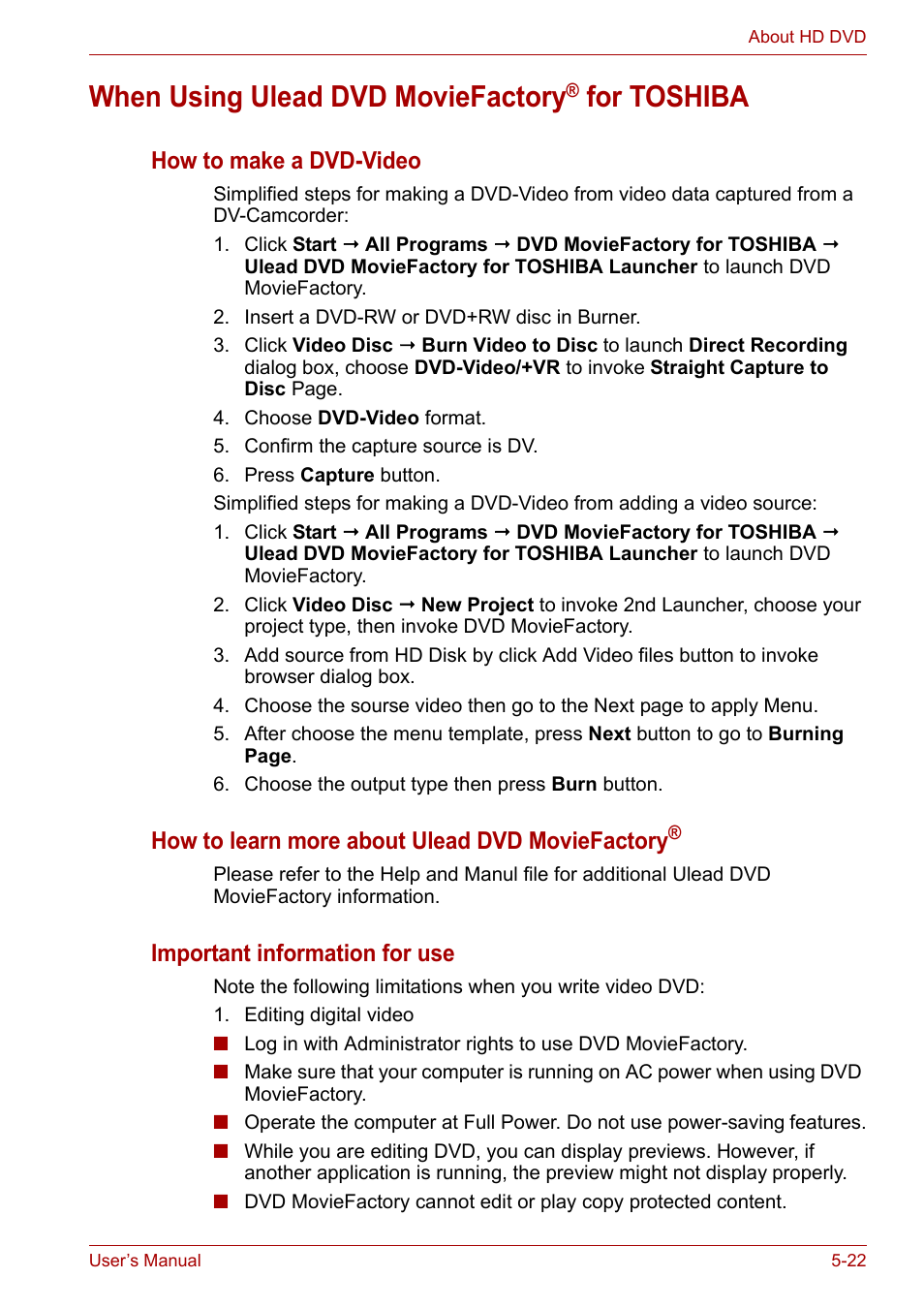 When using ulead dvd moviefactory® for toshiba, When using ulead dvd moviefactory® for toshiba -22, When using ulead dvd moviefactory | For toshiba | Toshiba Satellite P200 (PSPBL) User Manual | Page 107 / 191