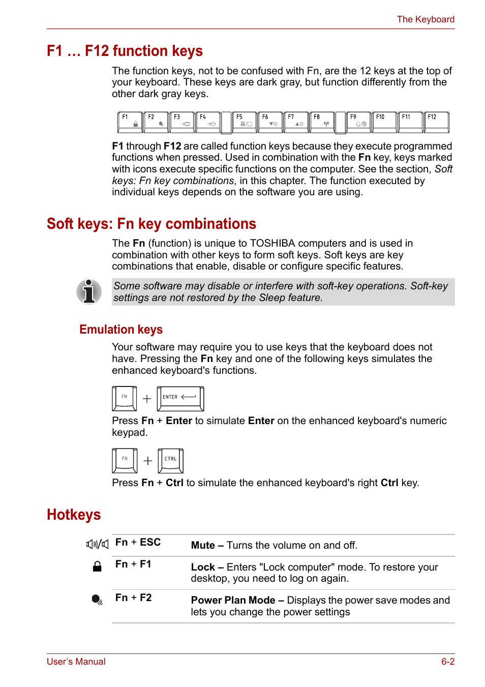 F1 … f12 function keys, Soft keys: fn key combinations, Hotkeys | Toshiba Satellite P200 (PSPBL) User Manual | Page 110 / 191