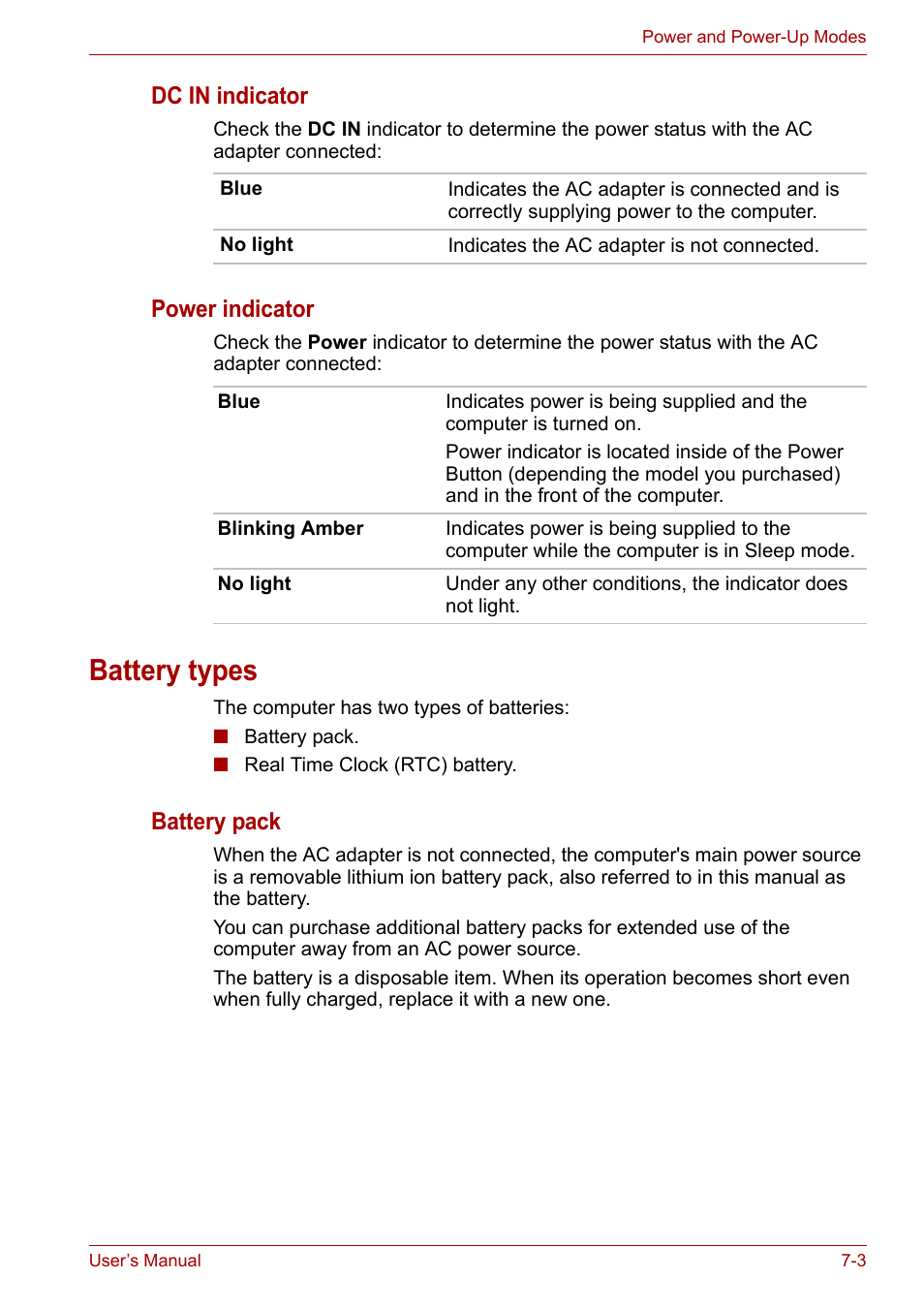 Battery types, Battery types -3, Dc in indicator | Power indicator, Battery pack | Toshiba Satellite P200 (PSPBL) User Manual | Page 115 / 191