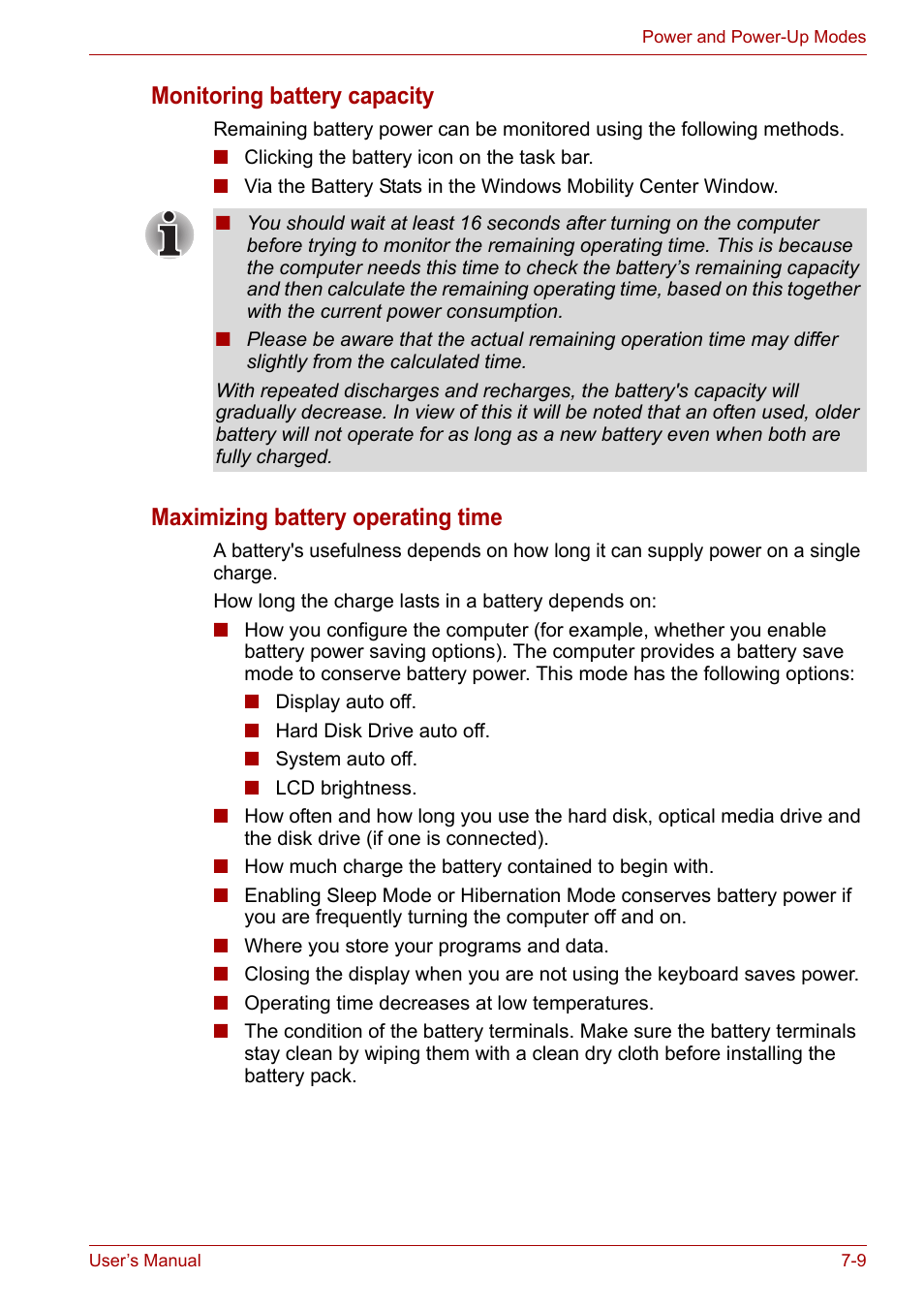 Monitoring battery capacity, Maximizing battery operating time | Toshiba Satellite P200 (PSPBL) User Manual | Page 121 / 191