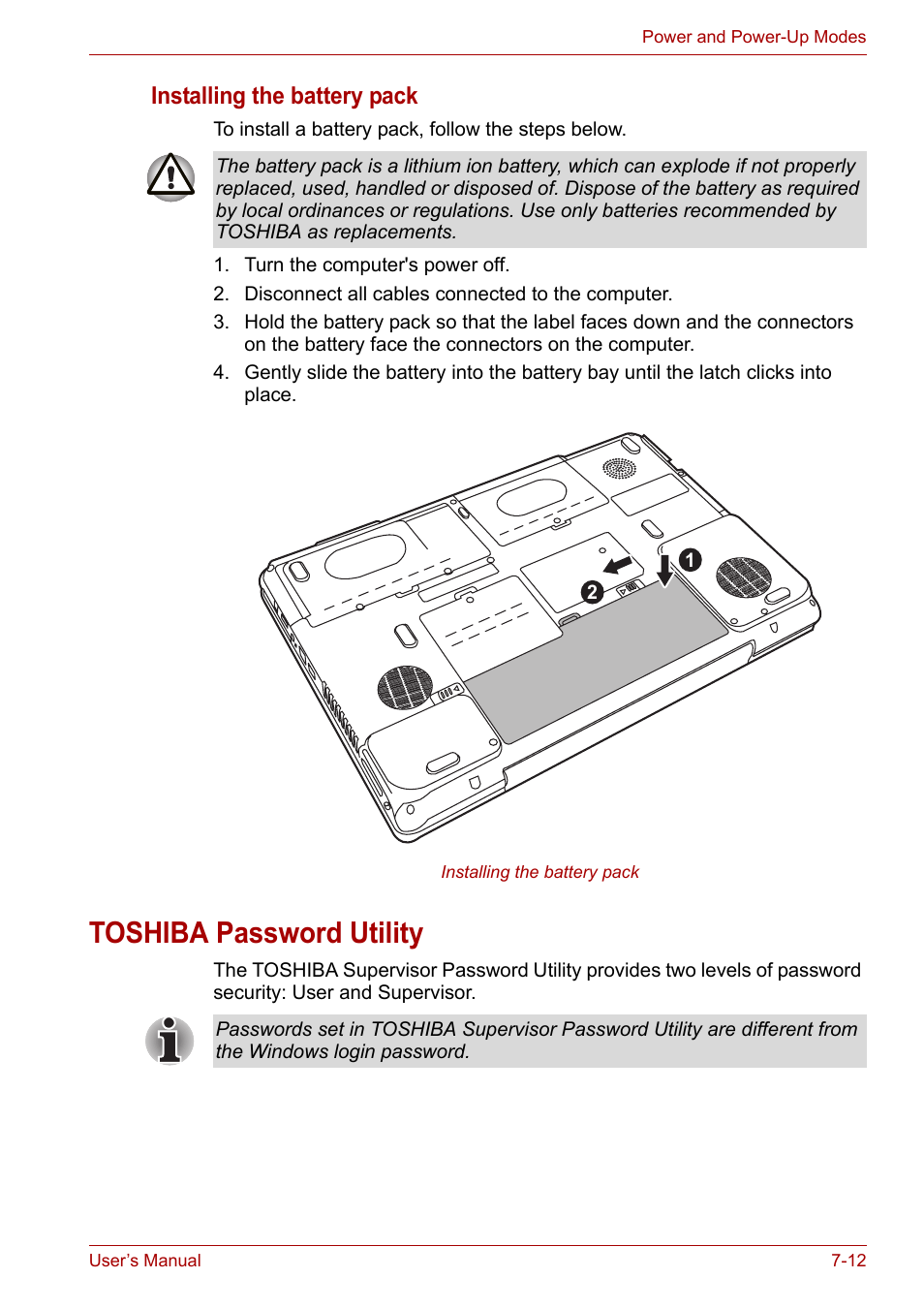 Toshiba password utility, Toshiba password utility -12, Installing the battery pack | Toshiba Satellite P200 (PSPBL) User Manual | Page 124 / 191