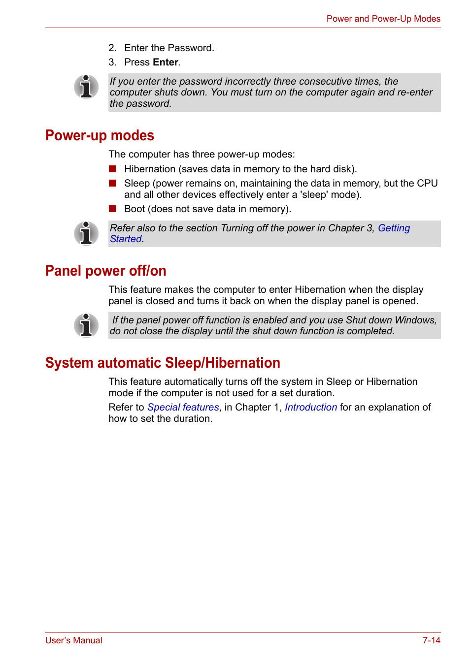 Power-up modes, Panel power off/on, System automatic sleep/hibernation | Toshiba Satellite P200 (PSPBL) User Manual | Page 126 / 191