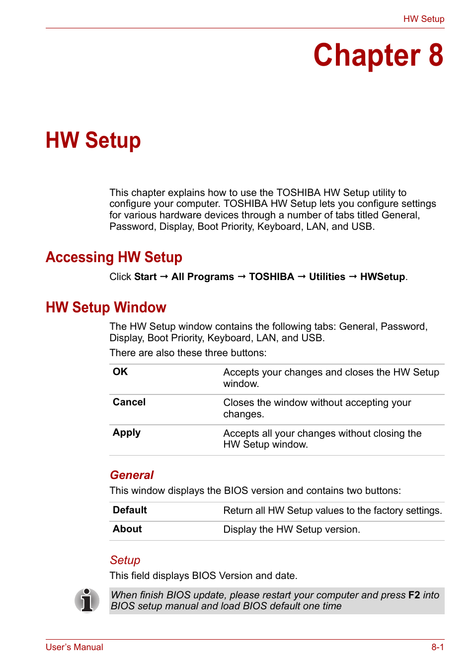 Chapter 8: hw setup, Accessing hw setup, Hw setup window | Chapter 8, Hw setup, Accessing hw setup -1 hw setup window -1, Introd | Toshiba Satellite P200 (PSPBL) User Manual | Page 127 / 191