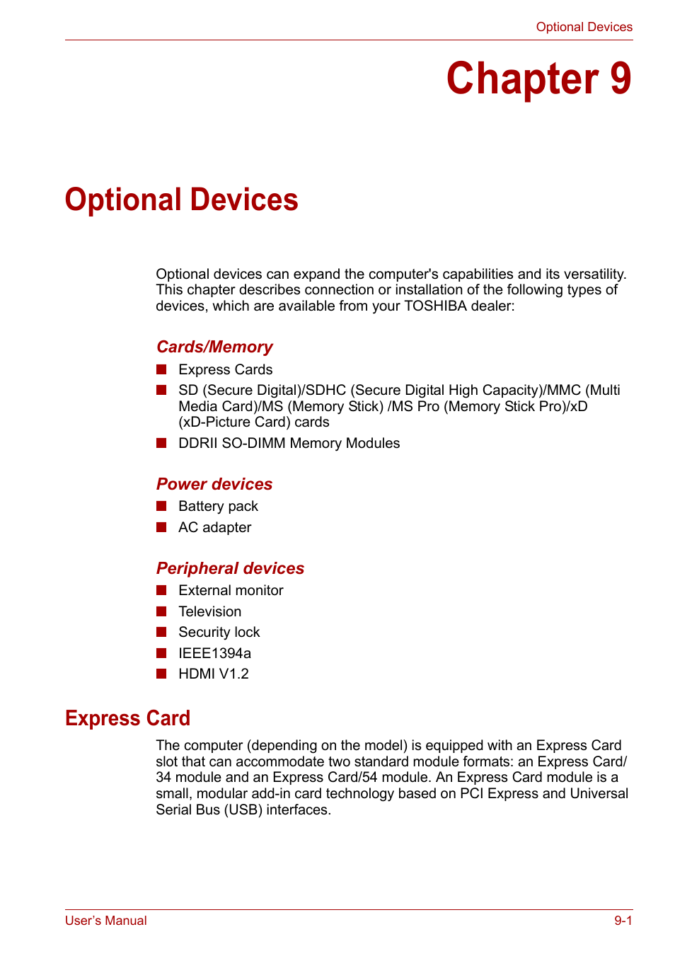 Chapter 9: optional devices, Express card, Chapter 9 | Optional devices, Express card -1 | Toshiba Satellite P200 (PSPBL) User Manual | Page 130 / 191