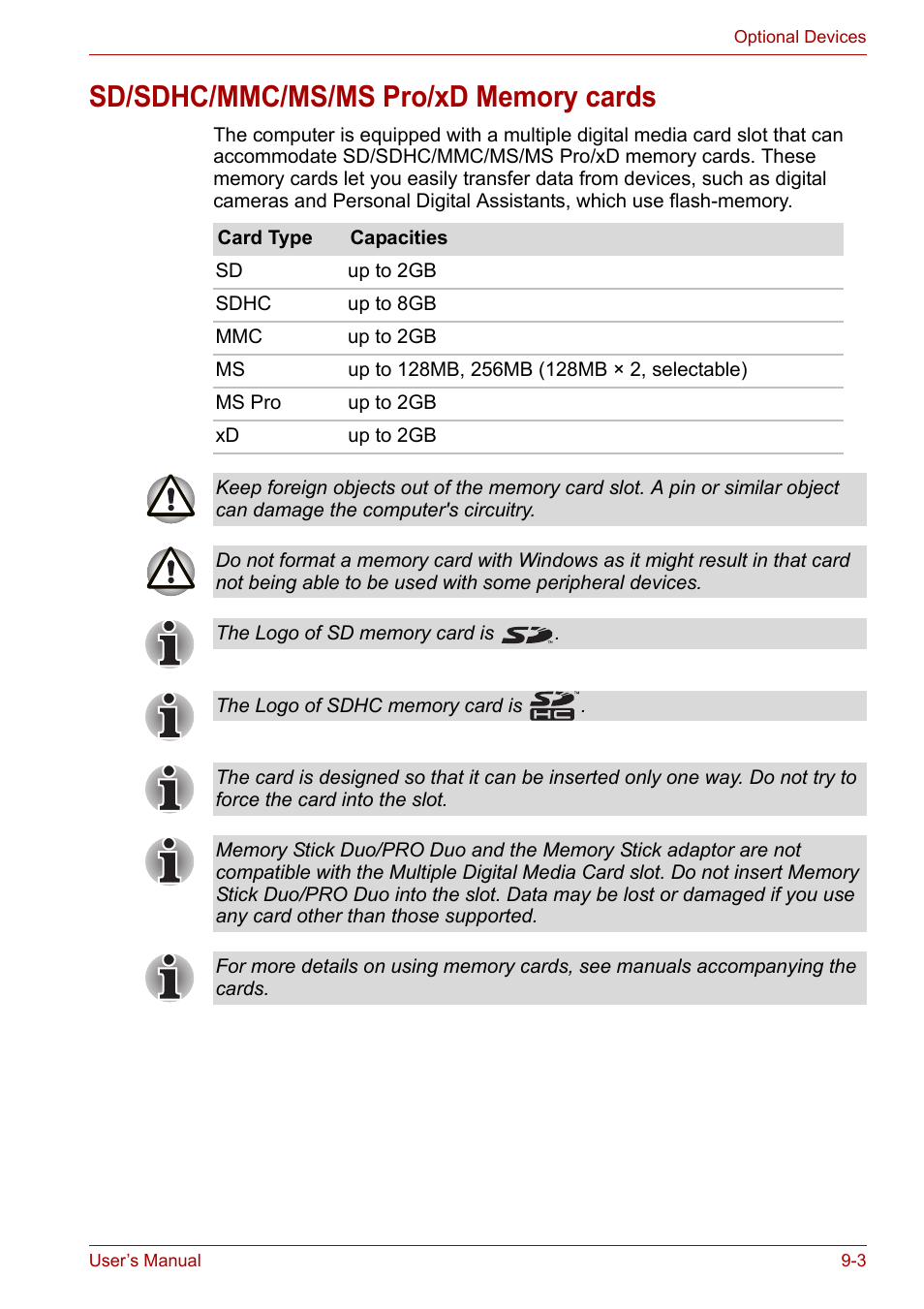 Sd/sdhc/mmc/ms/ms pro/xd memory cards, Sd/sdhc/mmc/ms/ms pro/xd memory cards -3 | Toshiba Satellite P200 (PSPBL) User Manual | Page 132 / 191