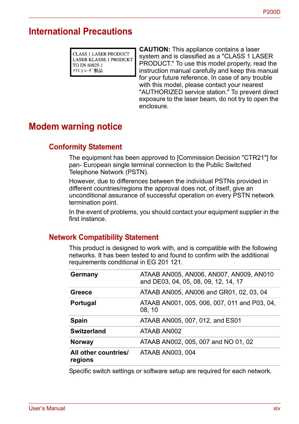 International precautions modem warning notice, Conformity statement, Network compatibility statement | Toshiba Satellite P200 (PSPBL) User Manual | Page 14 / 191