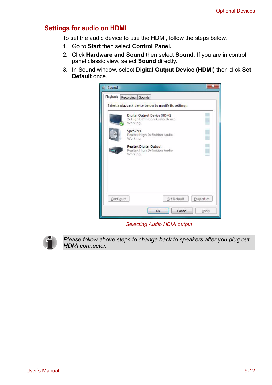 Settings for audio on hdmi | Toshiba Satellite P200 (PSPBL) User Manual | Page 141 / 191