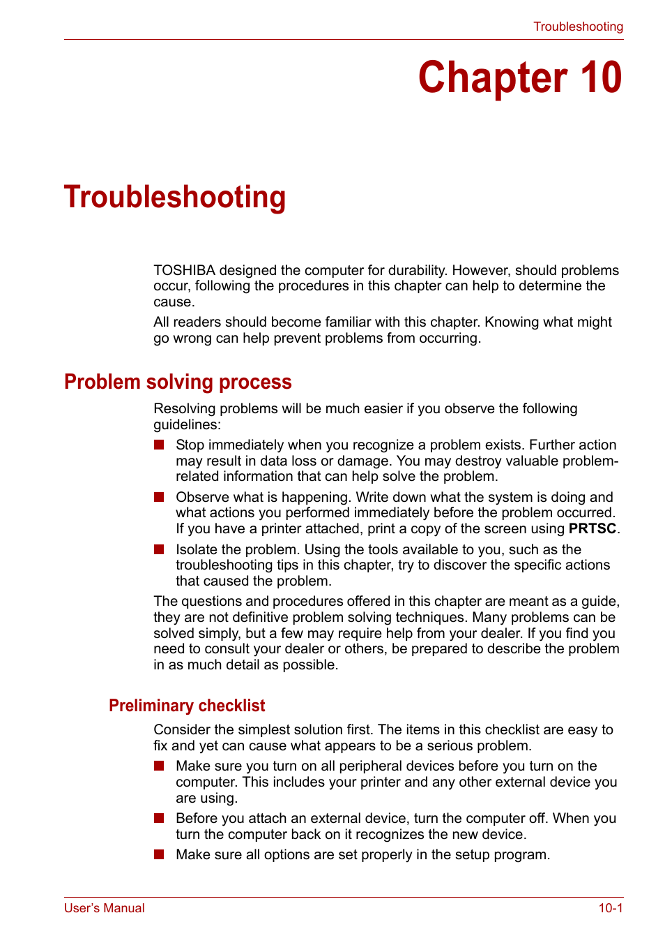 Chapter 10: troubleshooting, Problem solving process, Chapter 10 | Troubleshooting, Problem solving process -1 | Toshiba Satellite P200 (PSPBL) User Manual | Page 151 / 191