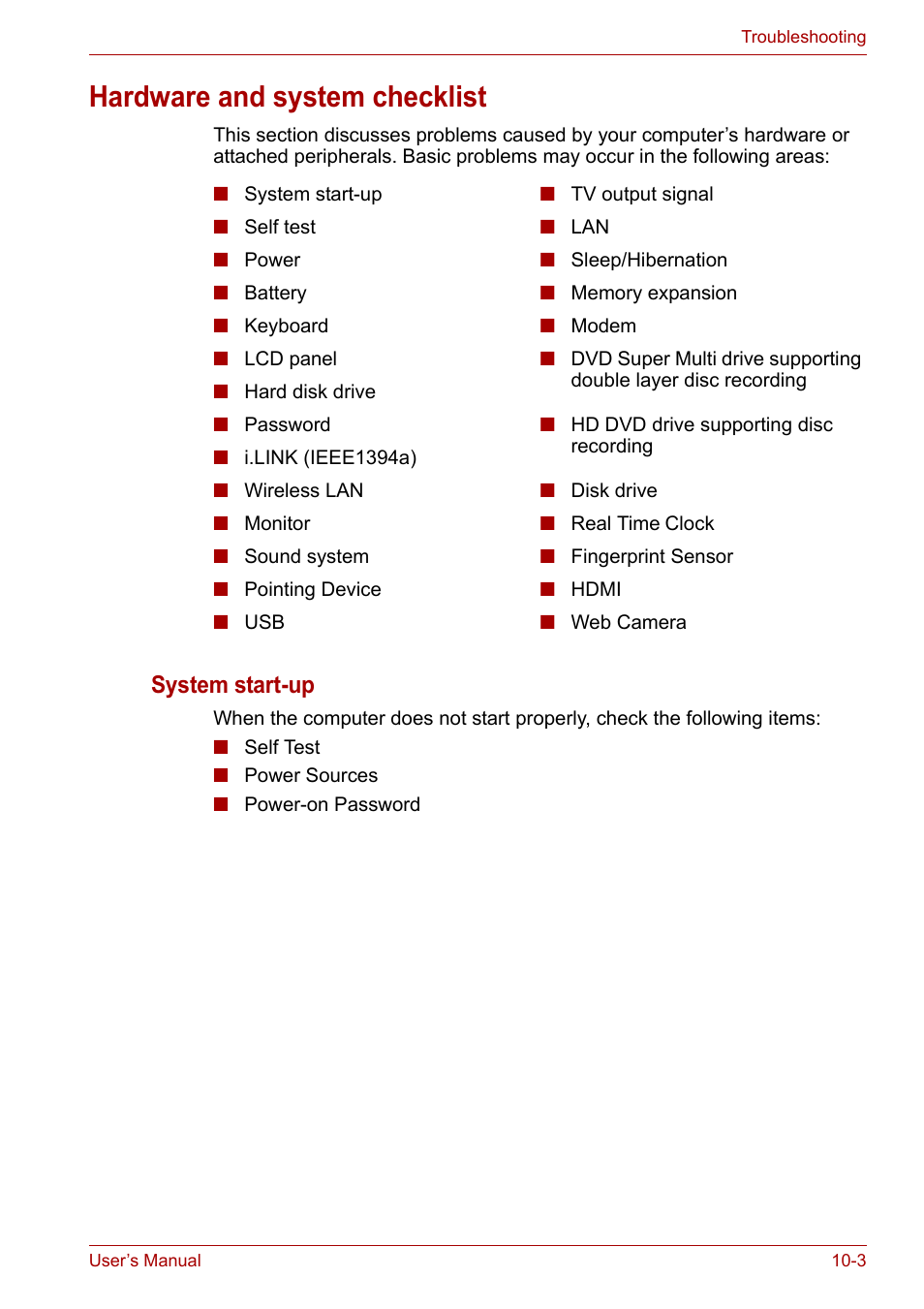 Hardware and system checklist, Hardware and system checklist -3, System start-up | Toshiba Satellite P200 (PSPBL) User Manual | Page 153 / 191