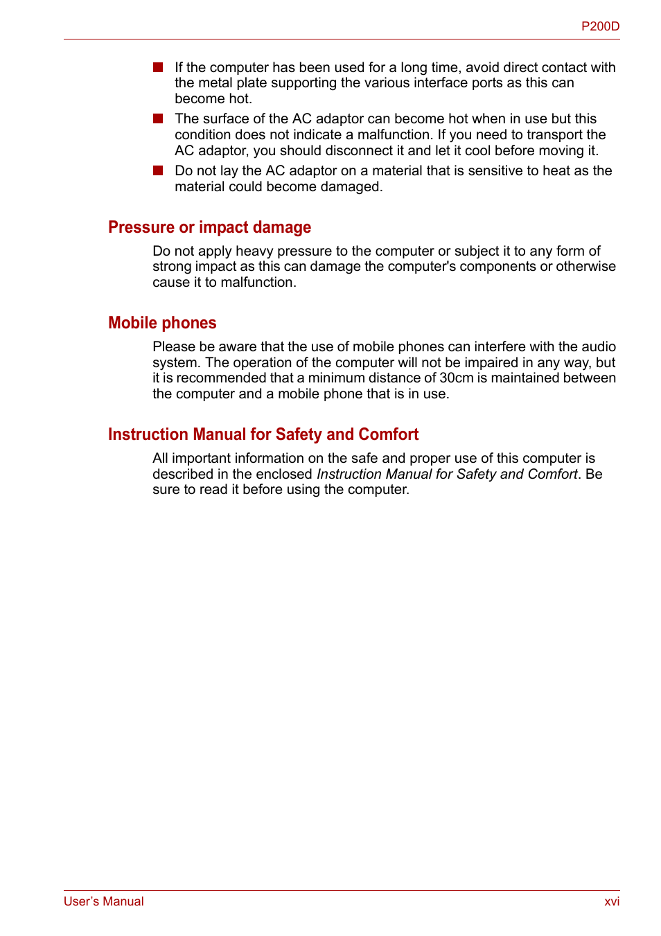 Pressure or impact damage, Mobile phones, Instruction manual for safety and comfort | Toshiba Satellite P200 (PSPBL) User Manual | Page 16 / 191