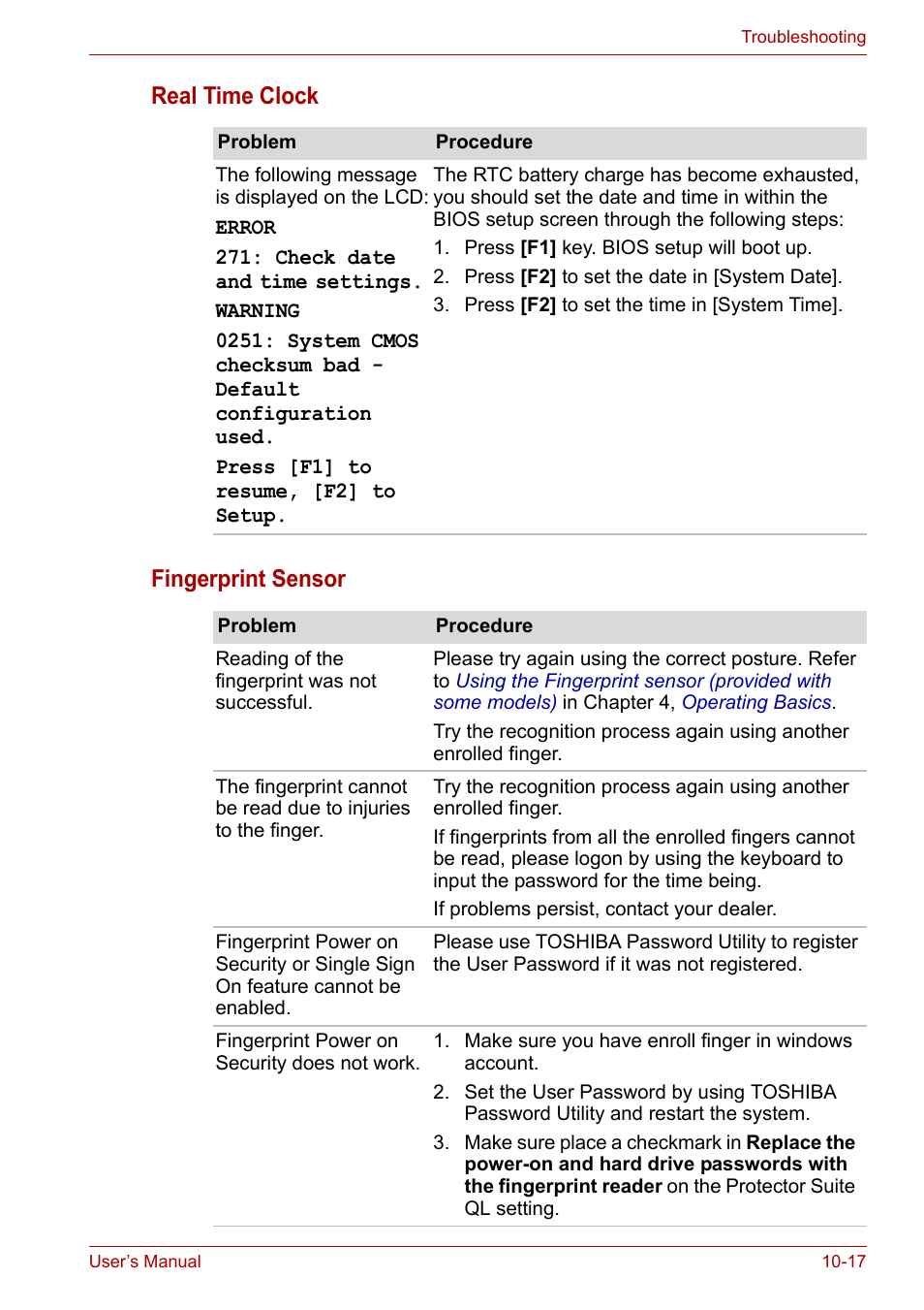 Real time clock fingerprint sensor | Toshiba Satellite P200 (PSPBL) User Manual | Page 167 / 191