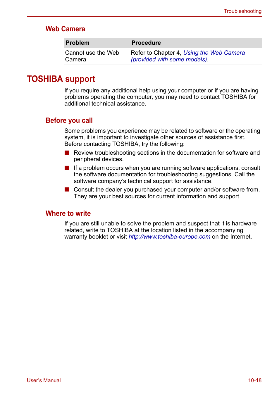 Toshiba support, Toshiba support -18, Web camera | Before you call, Where to write | Toshiba Satellite P200 (PSPBL) User Manual | Page 168 / 191