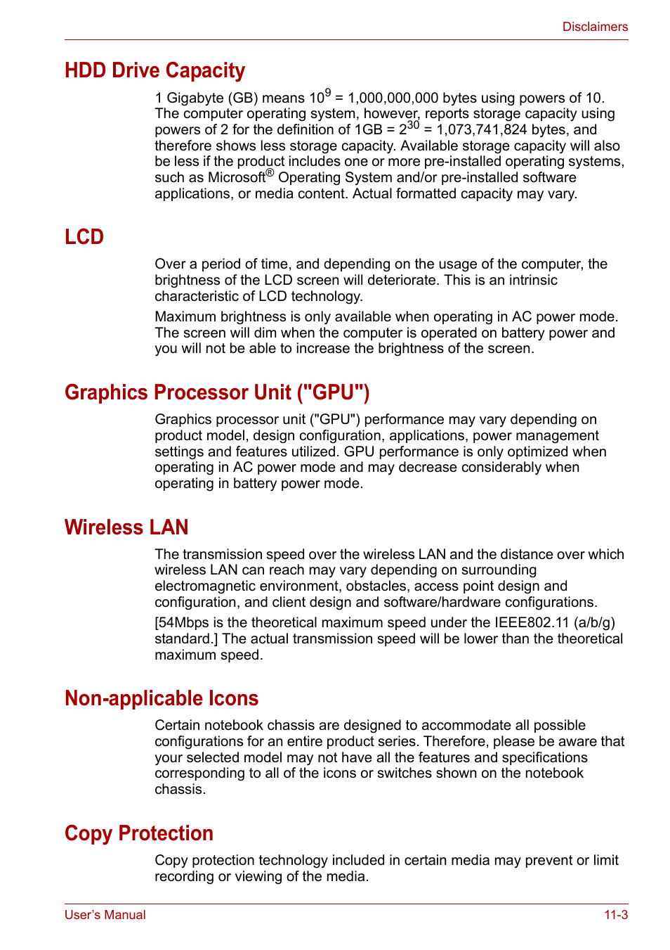 Hdd drive capacity, Graphics processor unit ("gpu"), Wireless lan | Non-applicable icons, Copy protection | Toshiba Satellite P200 (PSPBL) User Manual | Page 171 / 191