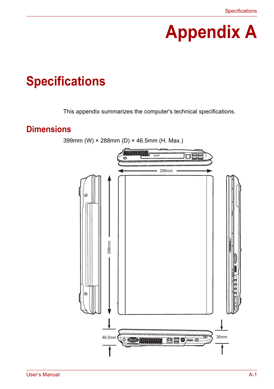 Appendix a: specifications, Appendix a, Specifications | Appendices, Dimensions | Toshiba Satellite P200 (PSPBL) User Manual | Page 173 / 191