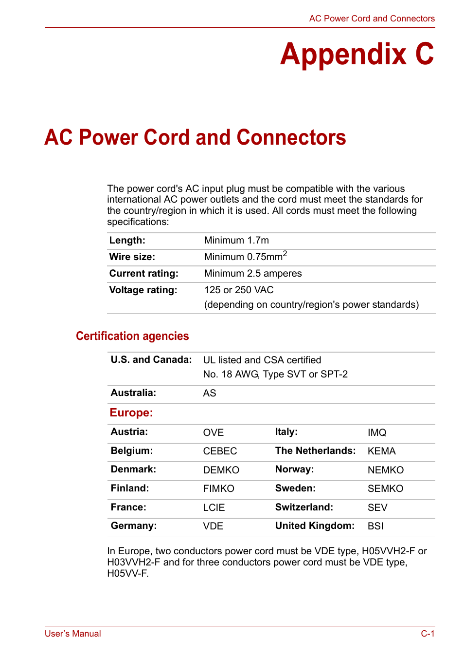 Appendix c: ac power cord and connectors, Appendix c, Ac power cord and connectors | Toshiba Satellite P200 (PSPBL) User Manual | Page 180 / 191