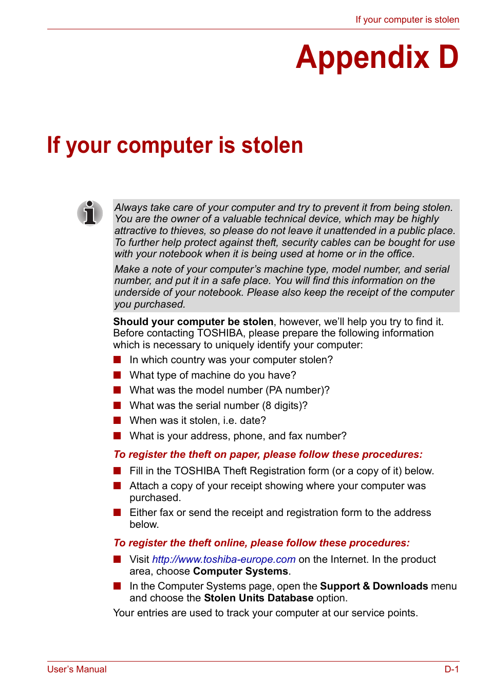 Appendix d: if your computer is stolen, Appendix d, If your computer is stolen | Toshiba Satellite P200 (PSPBL) User Manual | Page 182 / 191